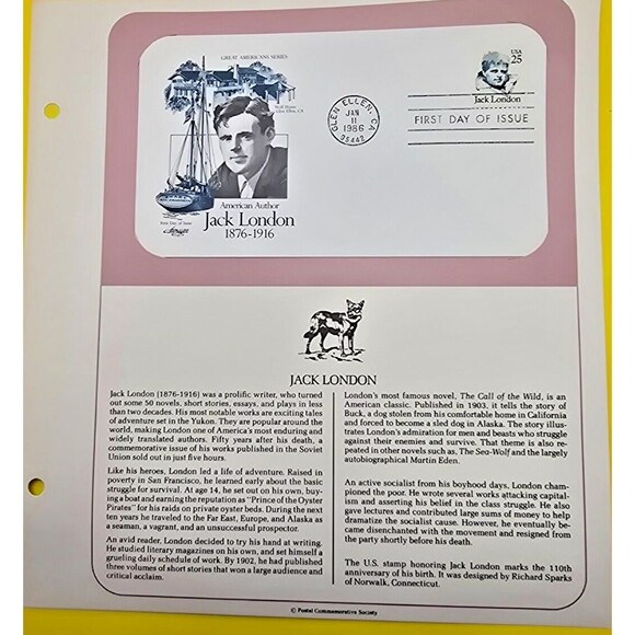 American AUTHOR JACK LONDON THE CALL OF THE WILD 1986  FDC - Picture 1 of 3